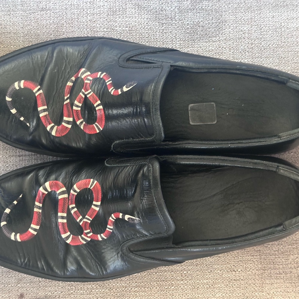 Gucci Snake Design Black Leather Men’s Slip-On Sneakers Size 12 G - Picture 11 of 13